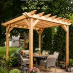 Image d'une pergola en bois dans un jardin, prête à être utilisée pour des moments conviviaux.