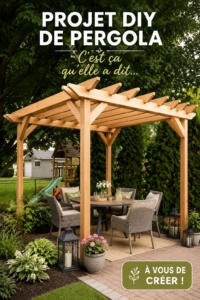 Image d'une pergola en bois dans un jardin, prête à être utilisée pour des moments conviviaux.