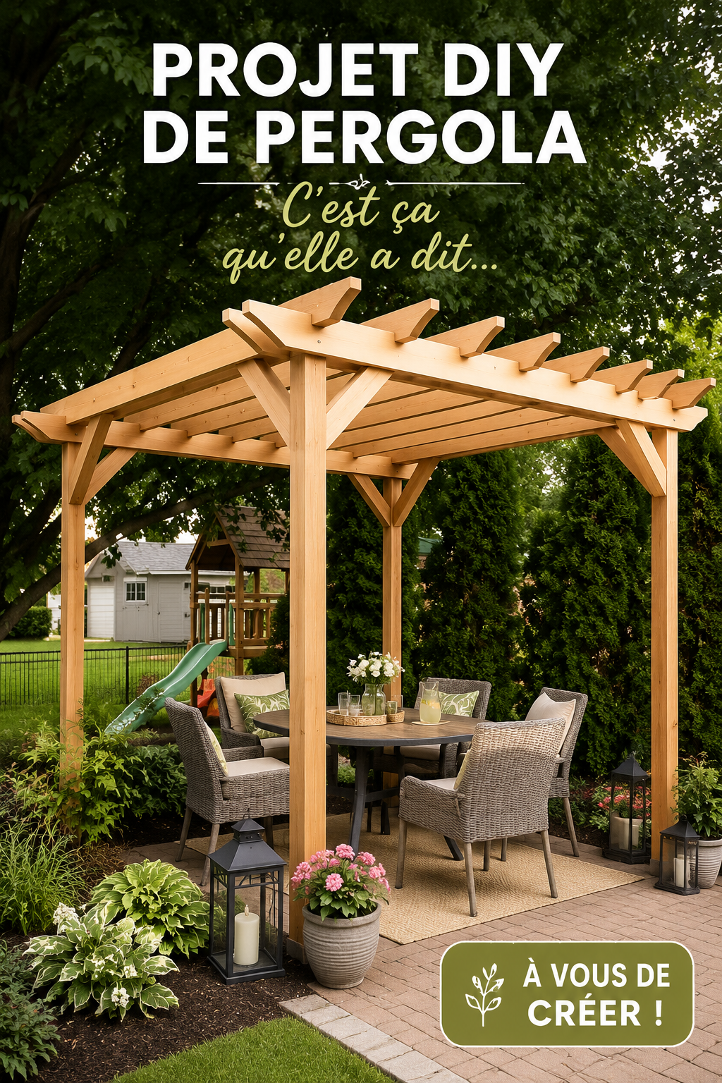 Image d'une pergola en bois dans un jardin, prête à être utilisée pour des moments conviviaux.