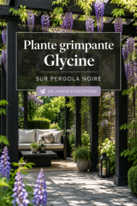 Une pergola noire élégante avec des plantes grimpantes luxuriantes