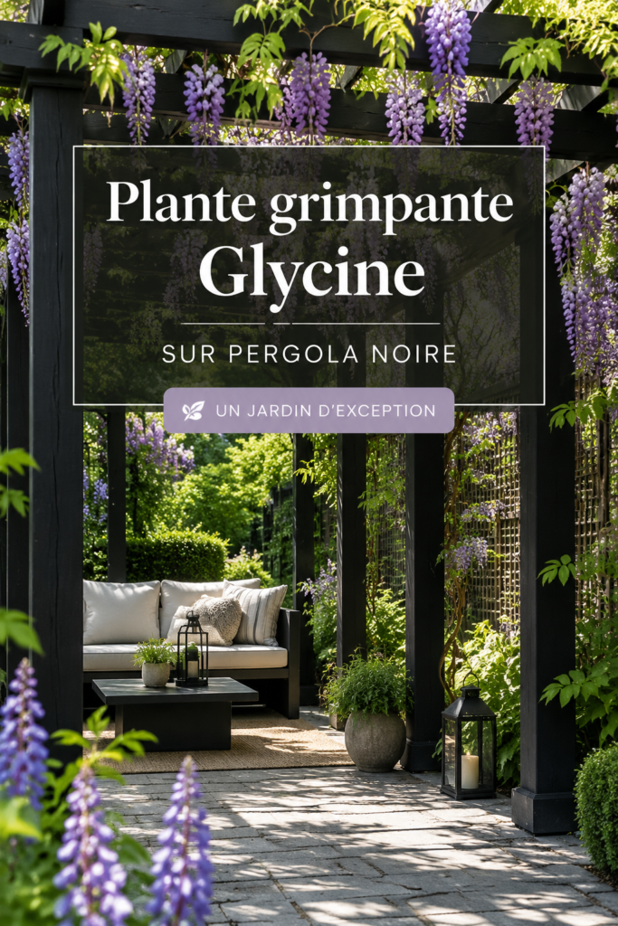 Une pergola noire élégante avec des plantes grimpantes luxuriantes