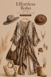 Femme souriante portant une tenue boho-chic avec des pièces essentielles dans un cadre naturel.