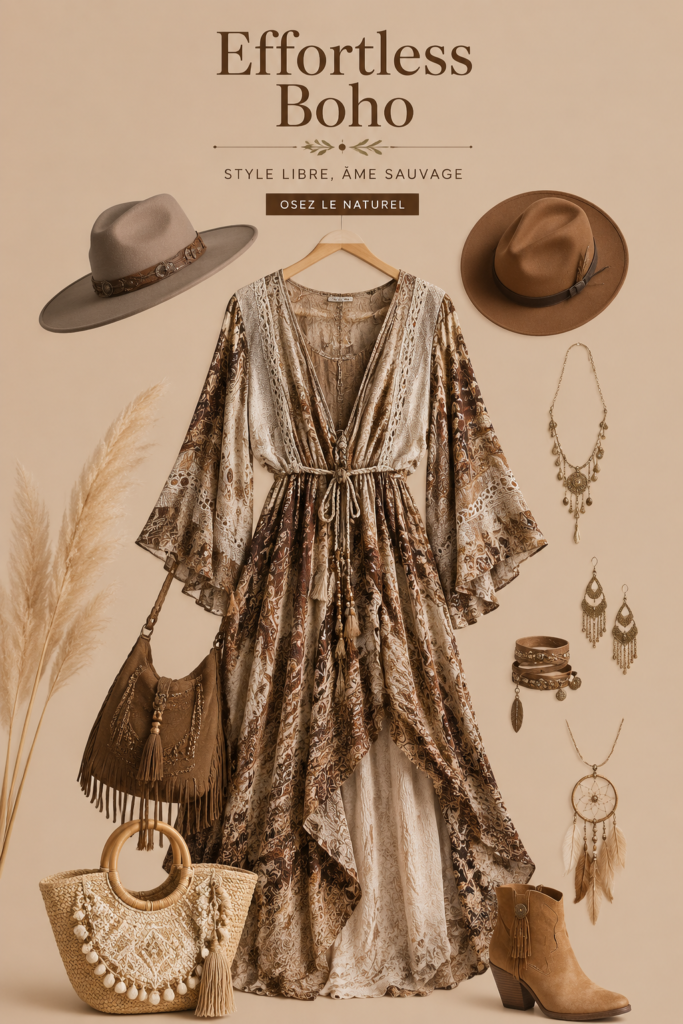 Femme souriante portant une tenue boho-chic avec des pièces essentielles dans un cadre naturel.