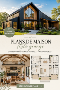 Plan de maison style grange avec terrasse bois et jardin verdoyant