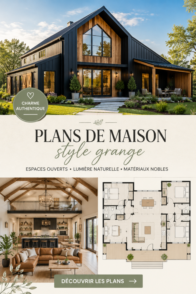 Plan de maison style grange avec terrasse bois et jardin verdoyant