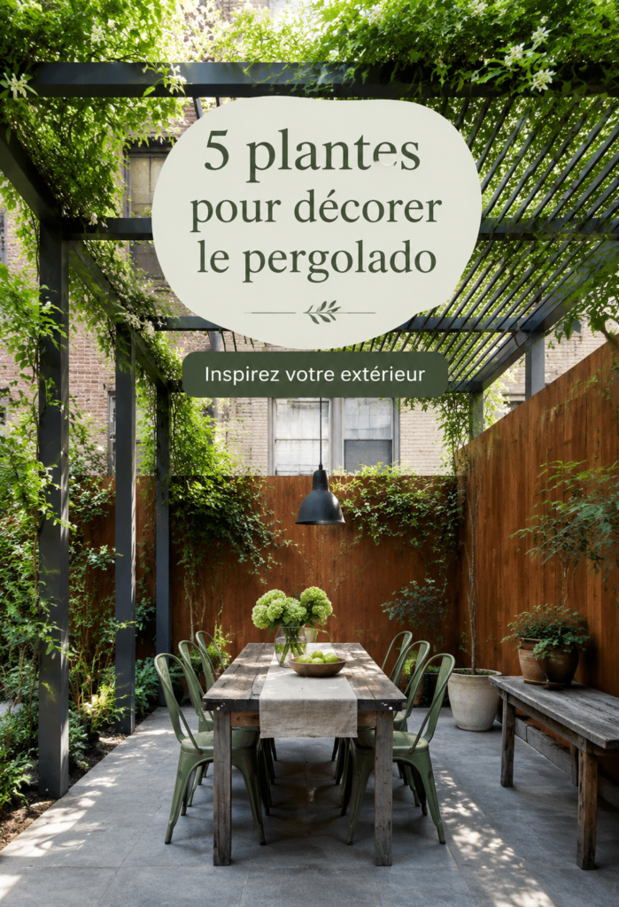 Une pergola joliment décorée avec diverses plantes grimpantes et fleuries