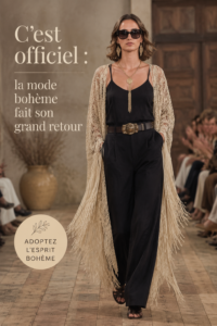 Un outfit boho moderne avec des vêtements colorés et des textures variées.