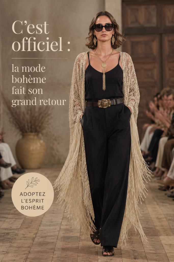 Un outfit boho moderne avec des vêtements colorés et des textures variées.