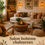 Un salon boho avec des meubles en rotin et des plantes vertes, créant une ambiance chaleureuse.
