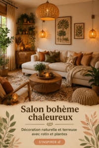 Un salon boho avec des meubles en rotin et des plantes vertes, créant une ambiance chaleureuse.