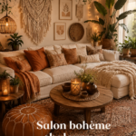 Un salon cosy de style boho avec des coussins colorés et des éléments naturels.