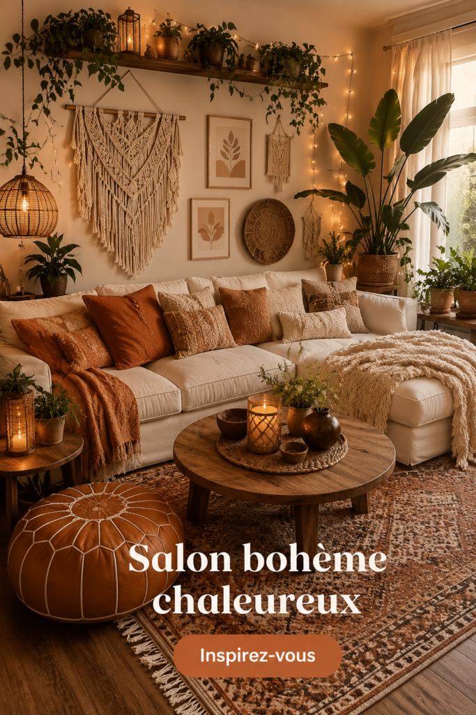 Un salon cosy de style boho avec des coussins colorés et des éléments naturels.