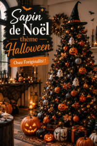 Un sapin de Noël décoré avec des éléments d'Halloween tels que des citrouilles et des toiles d'araignée.
