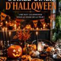 Décoration d'une table pour un dîner d'Halloween avec des bougies et des citrouilles