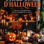Décoration d'une table pour un dîner d'Halloween avec des bougies et des citrouilles