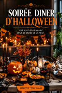 Décoration d'une table pour un dîner d'Halloween avec des bougies et des citrouilles
