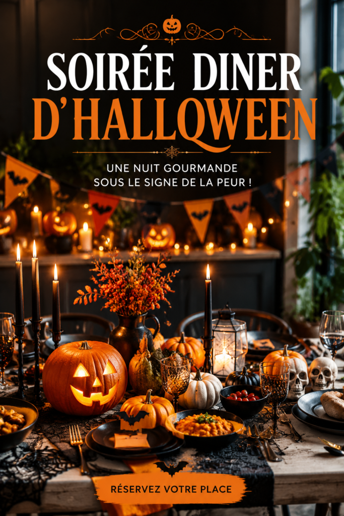 Décoration d'une table pour un dîner d'Halloween avec des bougies et des citrouilles