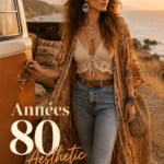 Un van aménagé dans un style bohème des années 80 avec des décorations vintage et des coussins colorés.