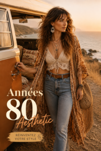 Un van aménagé dans un style bohème des années 80 avec des décorations vintage et des coussins colorés.