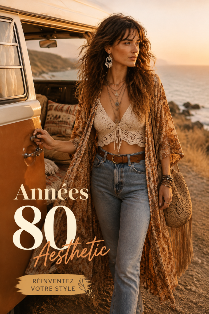 Un van aménagé dans un style bohème des années 80 avec des décorations vintage et des coussins colorés.