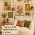 Un appartement décoré dans un style boho-chic chaleureux avec des couleurs douces et des éléments naturels.