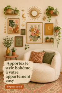 Un appartement décoré dans un style boho-chic chaleureux avec des couleurs douces et des éléments naturels.