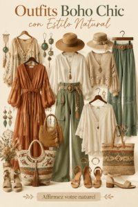 Une femme portant une tenue boho chic dans un cadre naturel, avec des couleurs terre et des motifs floraux.