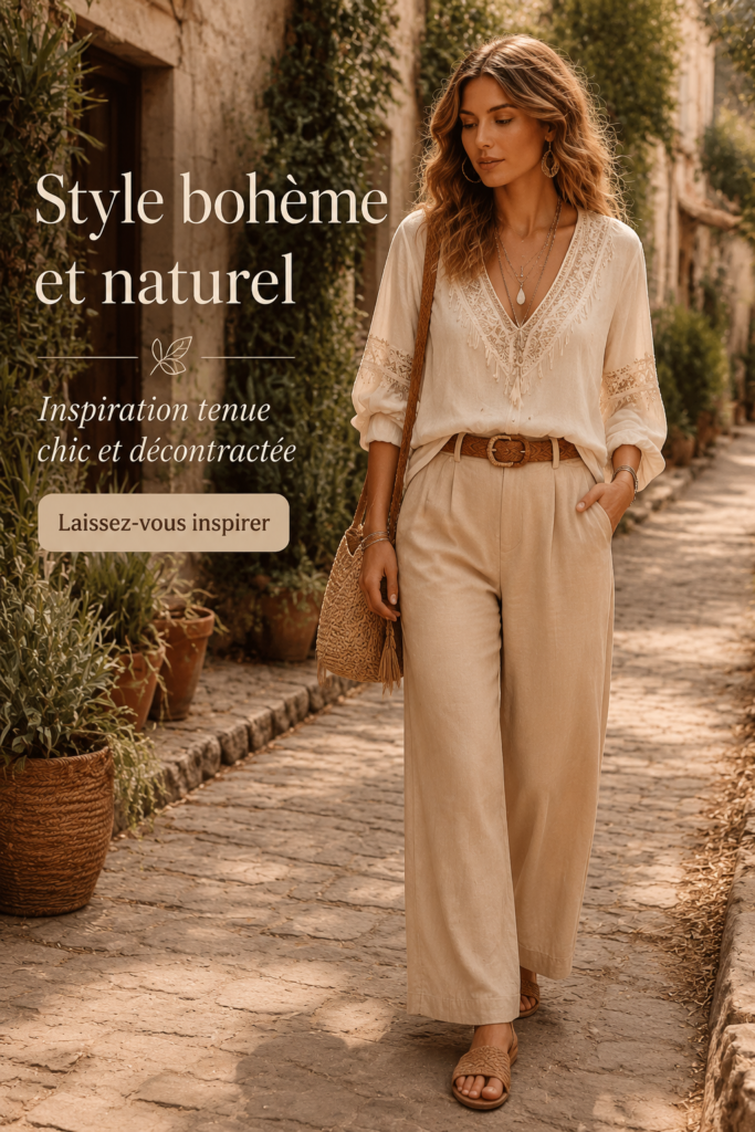 Femme portant une tenue boho chic décontractée en extérieur
