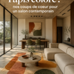 Une sélection de tapis colorés modernes dans un salon contemporain.
