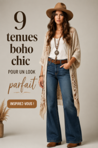 Femme portant une tenue boho chic avec des motifs floraux et des accessoires élégants