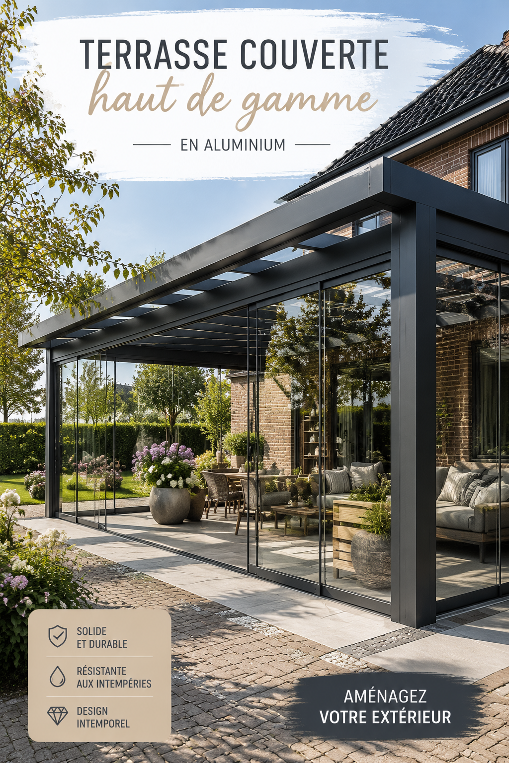 Terrasse en aluminium élégante avec mobilier moderne dans un jardin.