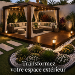 Un patio élégant avec des meubles en bois et des plantes en pot.