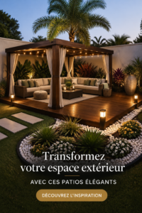 Un patio élégant avec des meubles en bois et des plantes en pot.