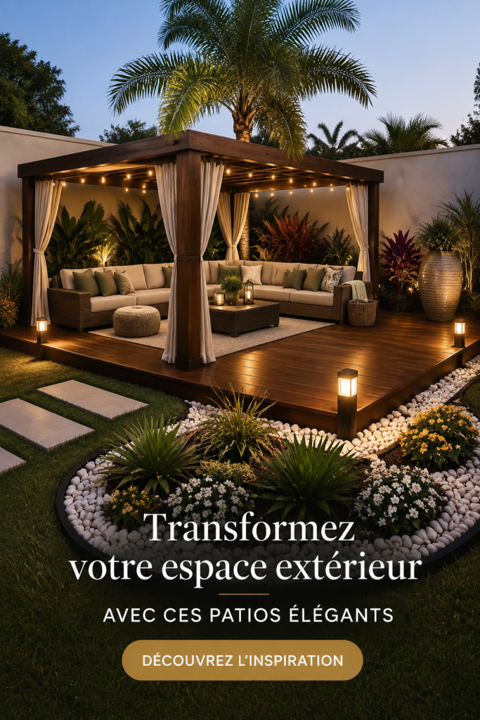 Un patio élégant avec des meubles en bois et des plantes en pot.