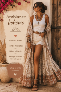 Une femme portant une tenue Boho Chic avec des couches fluides et des bijoux colorés