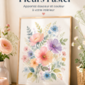 Affiche aquarelle de fleurs pastel sur un mur boisé, ajoutant une touche bohème à l'intérieur.