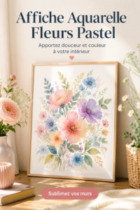 Affiche aquarelle de fleurs pastel sur un mur boisé, ajoutant une touche bohème à l'intérieur.