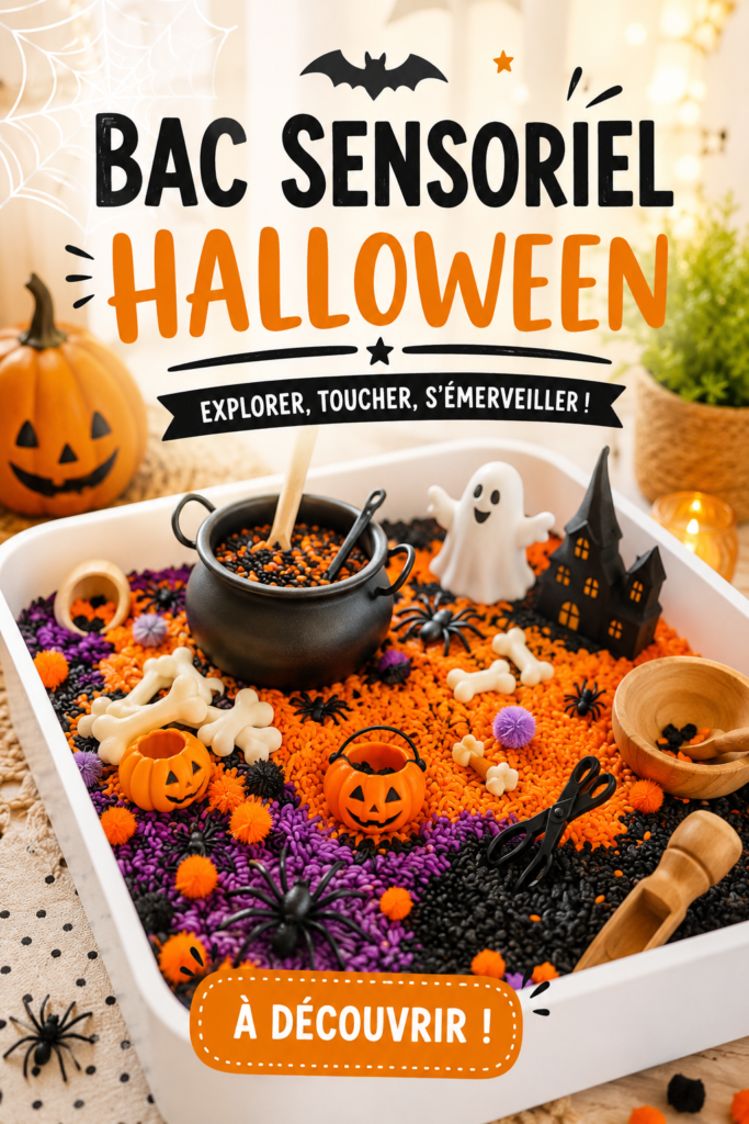 Bac sensoriel d'Halloween rempli de textures et de décors festifs.