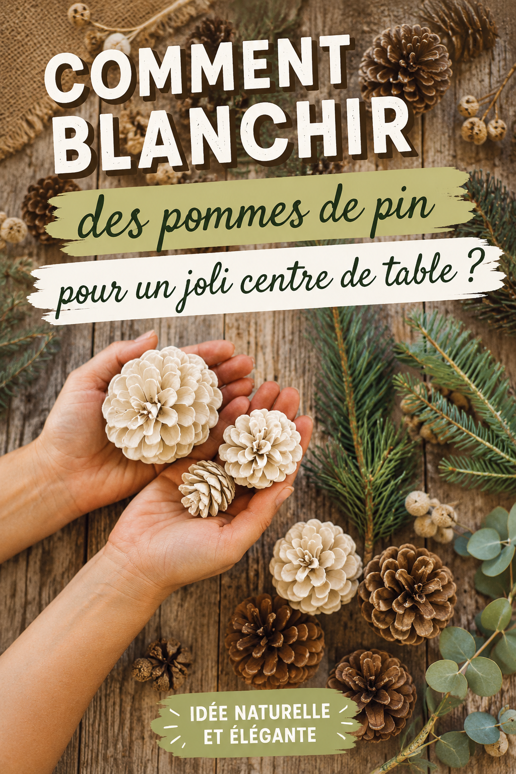 Pommes de pin blanchies disposées sur une table boho chic.
