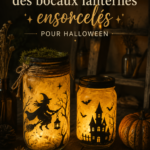 Des bocaux transformés en lanternes ensorcelées pour Halloween dans un décor chaleureux et bohème.