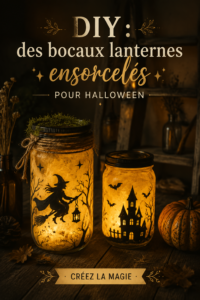 Des bocaux transformés en lanternes ensorcelées pour Halloween dans un décor chaleureux et bohème.