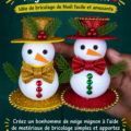 Un bonhomme de neige fait maison en coton avec boutons colorés, symbolisant la magie de Noël.