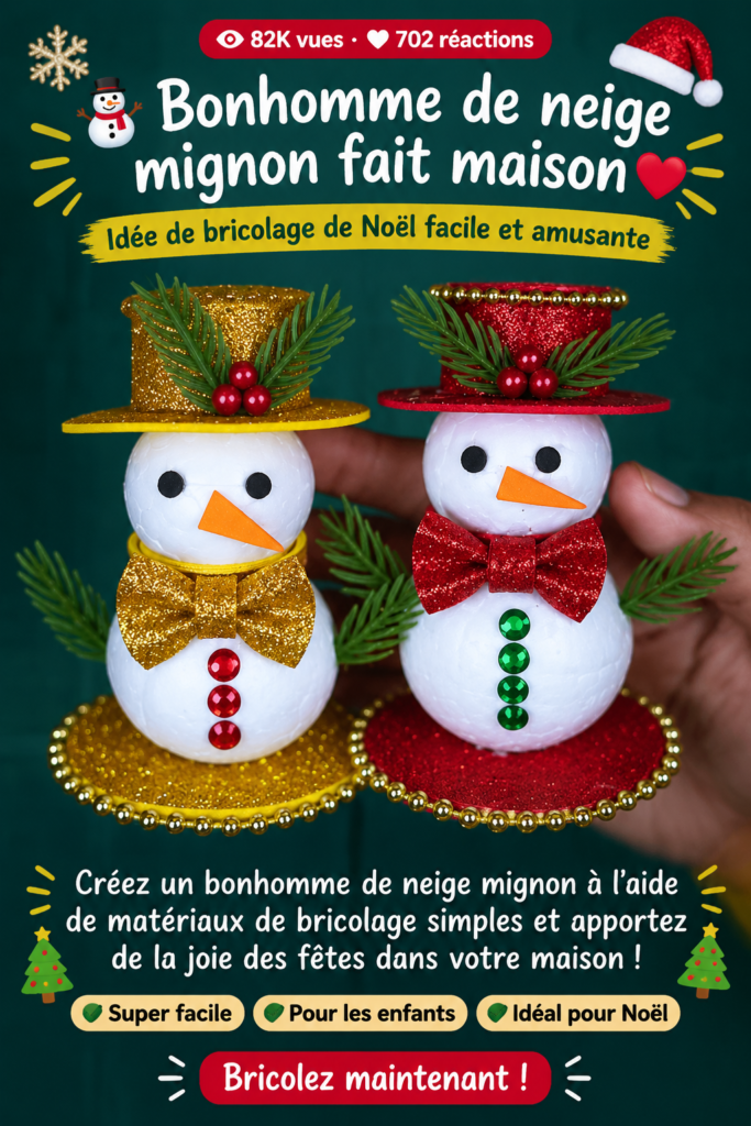 Un bonhomme de neige fait maison en coton avec boutons colorés, symbolisant la magie de Noël.