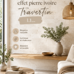 Carrelage effet pierre travertin sur un mur intérieur, apportant une ambiance chaleureuse à la décoration.