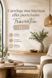 Carrelage effet pierre travertin sur un mur intérieur, apportant une ambiance chaleureuse à la décoration.