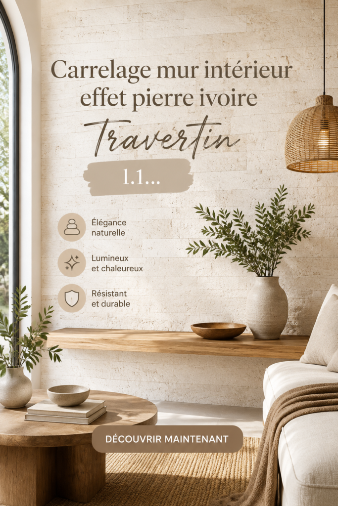 Carrelage effet pierre travertin sur un mur intérieur, apportant une ambiance chaleureuse à la décoration.