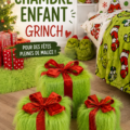 Chambre d'enfant décorée dans le style Grinch avec des couleurs vives et des accessoires ludiques.