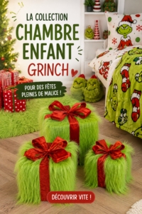 Chambre d'enfant décorée dans le style Grinch avec des couleurs vives et des accessoires ludiques.