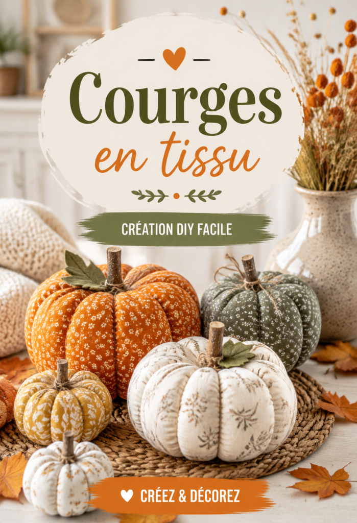 Courges en tissu colorées sur une table d'automne dans un intérieur bohème.
