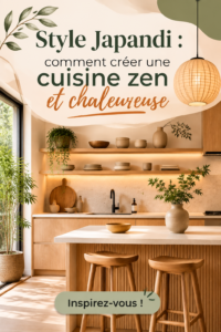 Cuisine aménagée dans le style Japandi, avec des matériaux naturels et des couleurs douces.